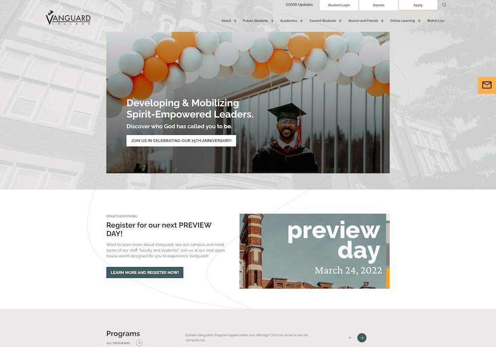 Vanguard College website screenshot